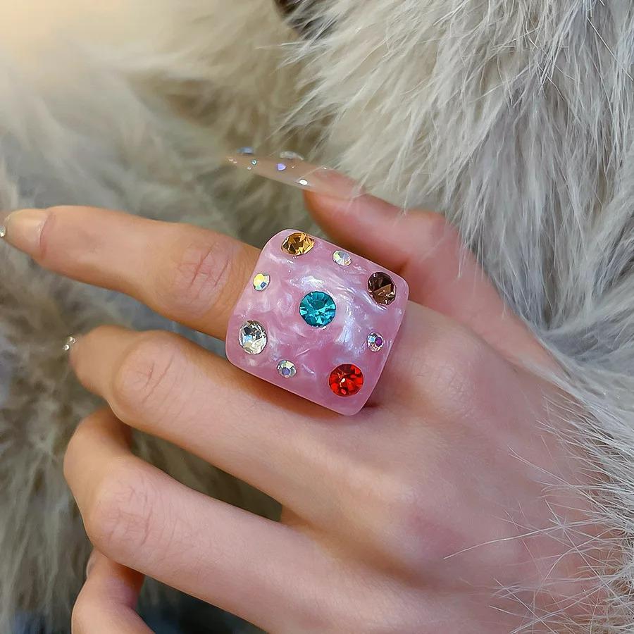 New Trendy Colorful Rhinestone Resin Finger Rings for Women Girls Sweet Chunky Irregular Geometric Rings Aesthetic Jewelry Gift