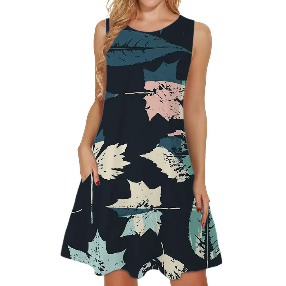 

Women S Elegant Floral Pink Green Leaf Pattern Print Sleeveless A-Line Dress Halloween Costume Oversized XL