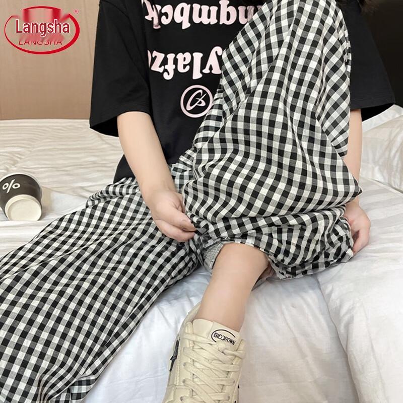 Langsha Women s High-Waist Plaid Wide-Leg Drape Pants L