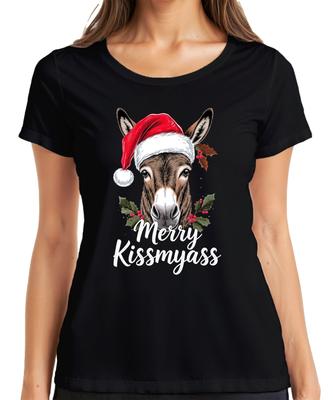 Vrolijk Kissmyass Grappige Ezel Kerstezel Kerstmuts Dames T-shirt
