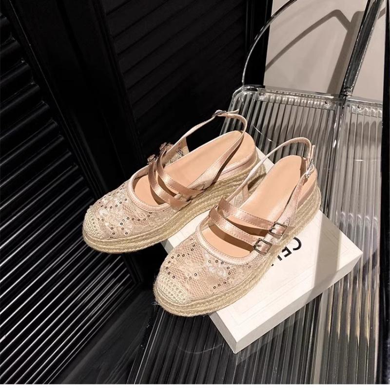 Summer Closed Toe Sandals Women's 2025 New Lace Mesh Hollow Breathable Platform Shoes Straw Fisherman Shoes with Skirt