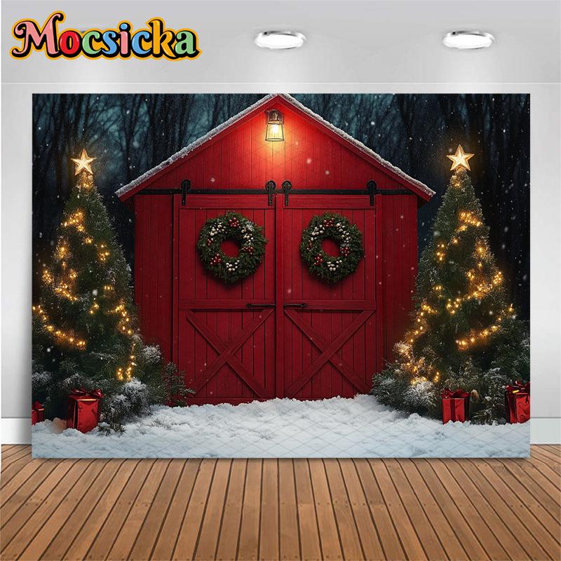 Mocsicka Christmas Tree Background Photography Red Door Snow Wreath Gifts Kid Photo Backdrop Shooting Props Outdoor Decor Studio