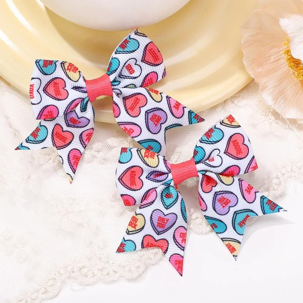 2Pcs/set 2.36''  Valentine's Day Printed Bow Hairclips for Girls Children Ribbon Hair Bows Clip Cheer Up Hair Accessories Gifts