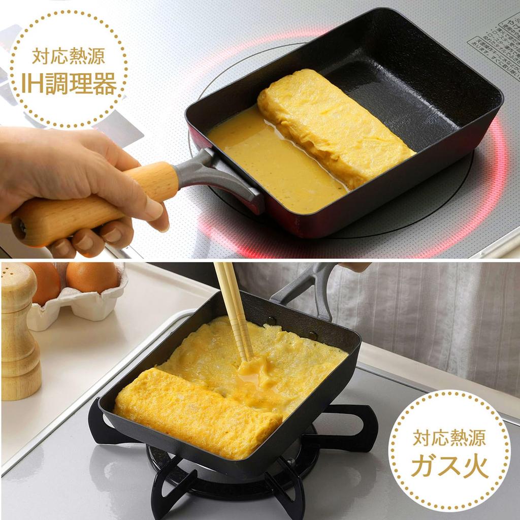 Shimomura Kihan Iron Tamagoyaki Frying Pan in Gas and Induction Double Wooden Care Instructions Tamagoyaki Egg 47025 [Made Japan] Compatible, Fiber,