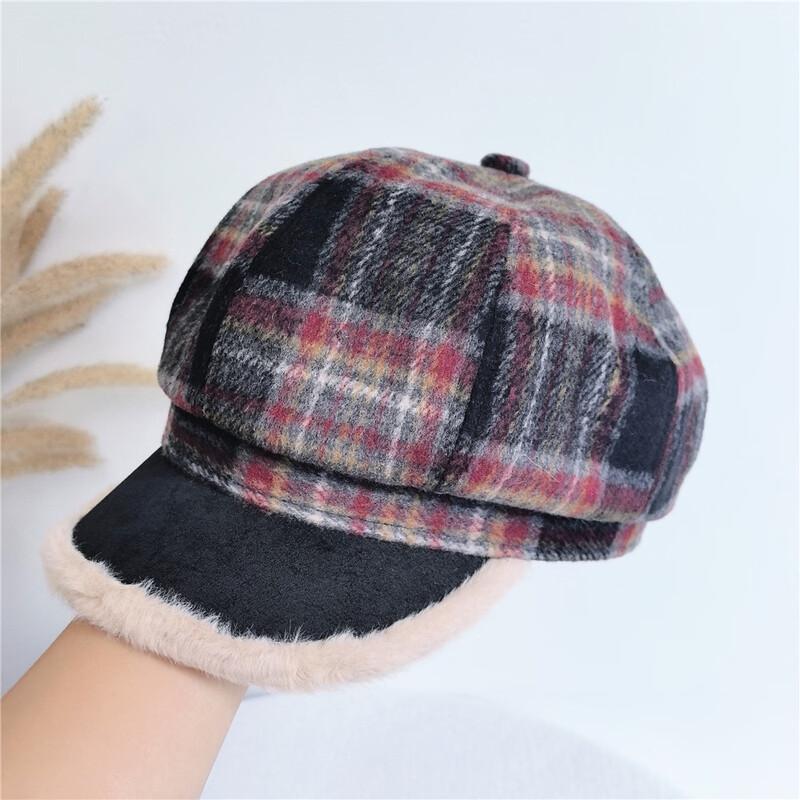 

Junbie Warm Plaid Plush Octagonal Beret Hat