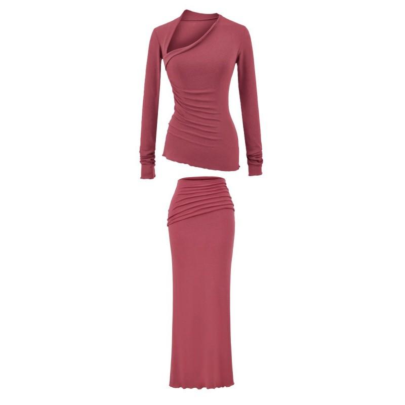 Pure Desire Style Sexy Slim Fit 2-Piece Set Long Sleeve T-Shirt Flare Pants / Midi Skirt Women