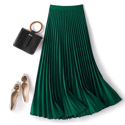Women Spring Autumn Solid Elegant Chic Pleated Skirt High Waist Luxury With High Elastic Female C-035