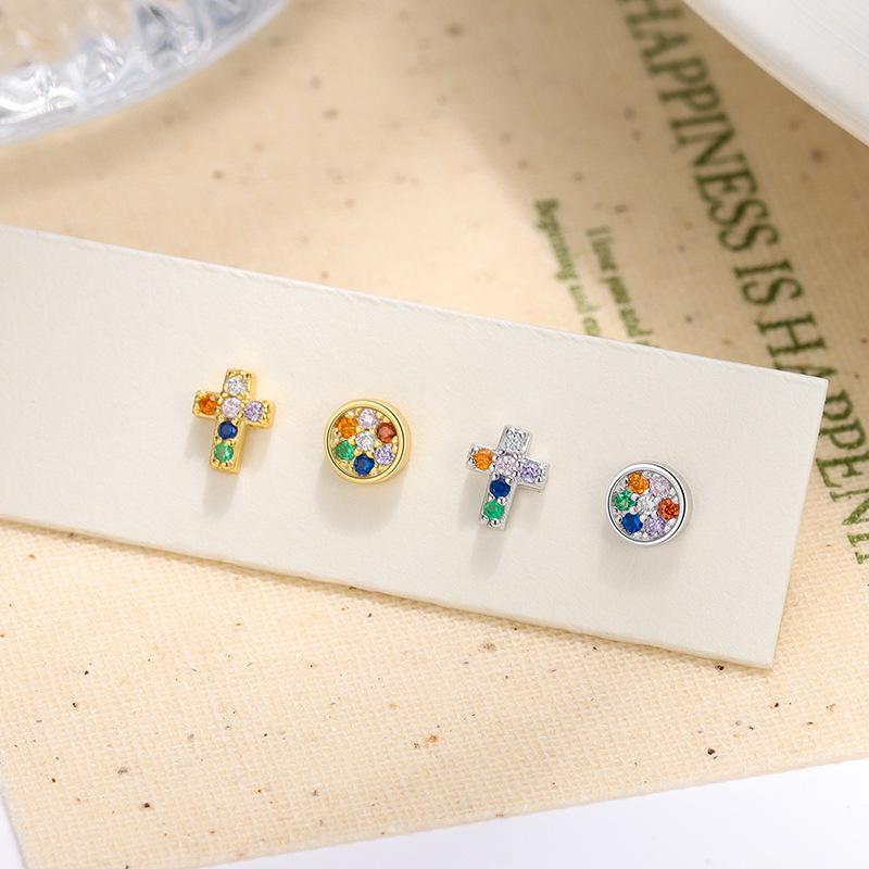 S925 Sterling Silver Asymmetrical Colorful Zircon Cross Screw Earrings for Women Simple Fashionable Earrings