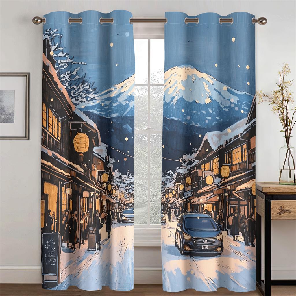 Klassischer Cartoon Berg Fuji Vorhang Schnee Straßen Atmosphäre 2 Paneele Wohnzimmer Schlafzimmer Küche Balkon Fensterdeko