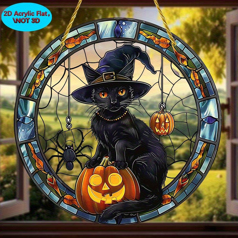 2D Flat Halloween Black Cat Acrylic Dream Catcher Pendant - Stained Glass Style Decorative Plate with Pumpkin and Spider Elements
