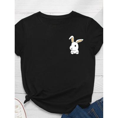 Cep Tavşan Baskılı Kadın Tişört Kısa Kollu O Yaka Bol Kadın Tişört Bayan Tişört Üst Giyim Camisetas Mujer