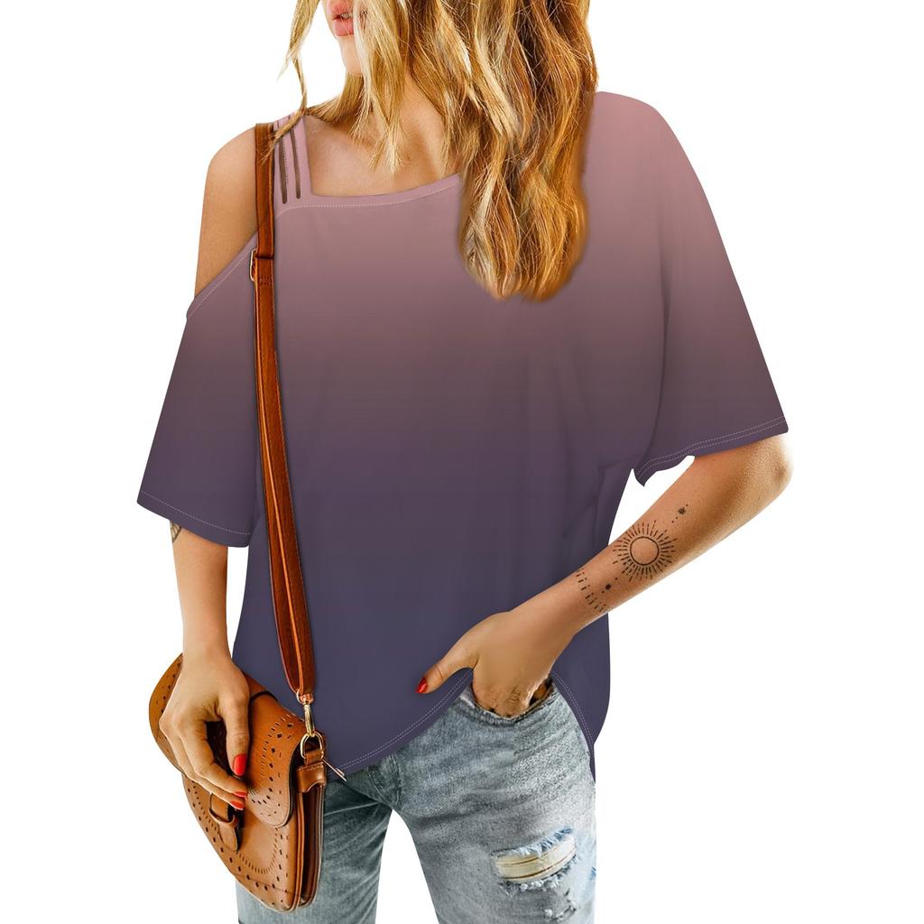 Women's Fashion One Shoulder Gradient Color Sexy Mid Sleeve Casual T-Shirt