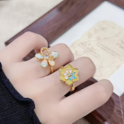 New Retro Flower Enamel Dripping Open Ring Temperament Light Luxury High Sense Niche Ring French
