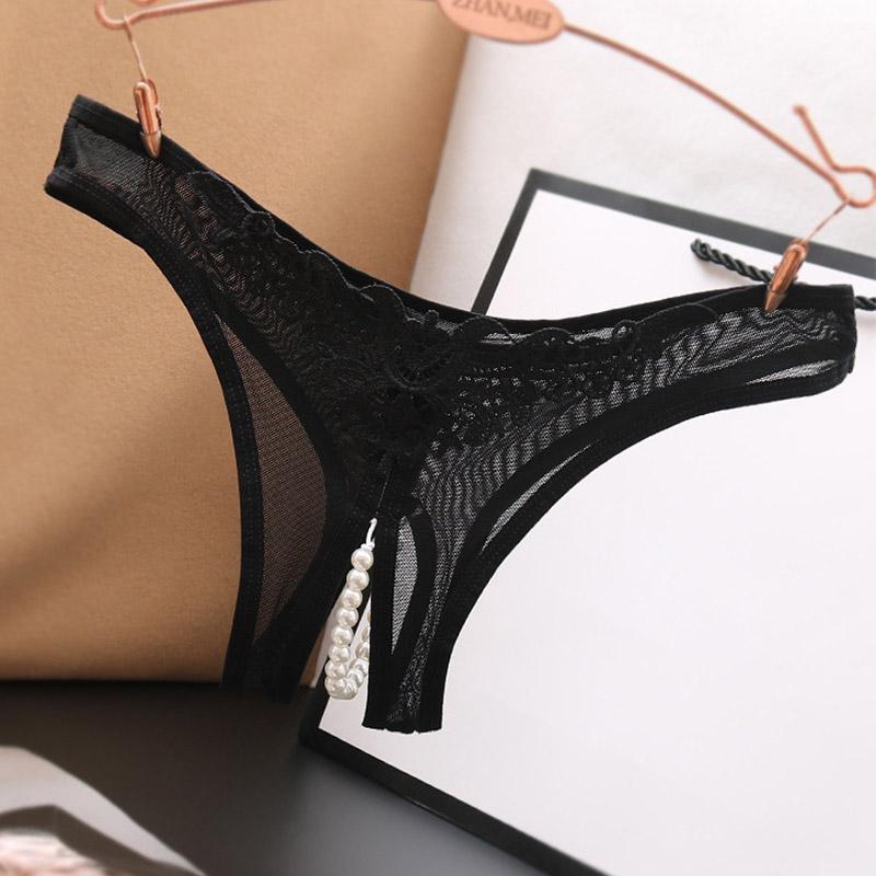 Women's Lace Briefs Ladies Exotic Open Crotch Panties Thongs Crotchless Pearl G-String Lingerie Sexy Underwear Massaging Beads