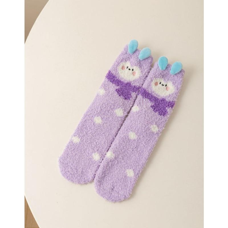 Autumn and Winter Coral Fleece Socks for Women, Three-dimensional Cartoon Animal Embroidery, Home Floor Socks, Thickened Half-fleece Mid-calf Socks