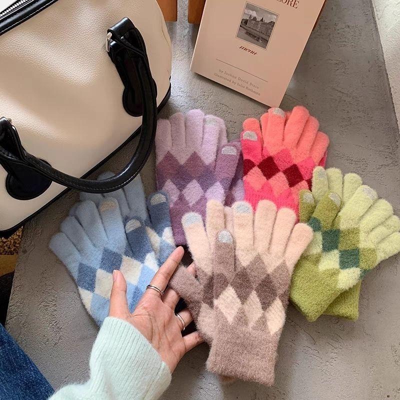 Gants chauds en laine pour femmes en automne et en hiver Écran tactile Cyclisme Mignon Hiver Cyclisme Étudiants Cinq doigts Plus Velours Ins Tricoté