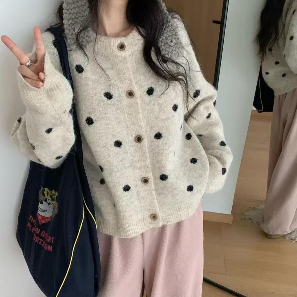 Koreanischer Polka-Dot Strickcardigan - Rundhals, Vielseitiger Herbst-/Winterpullover für Damen