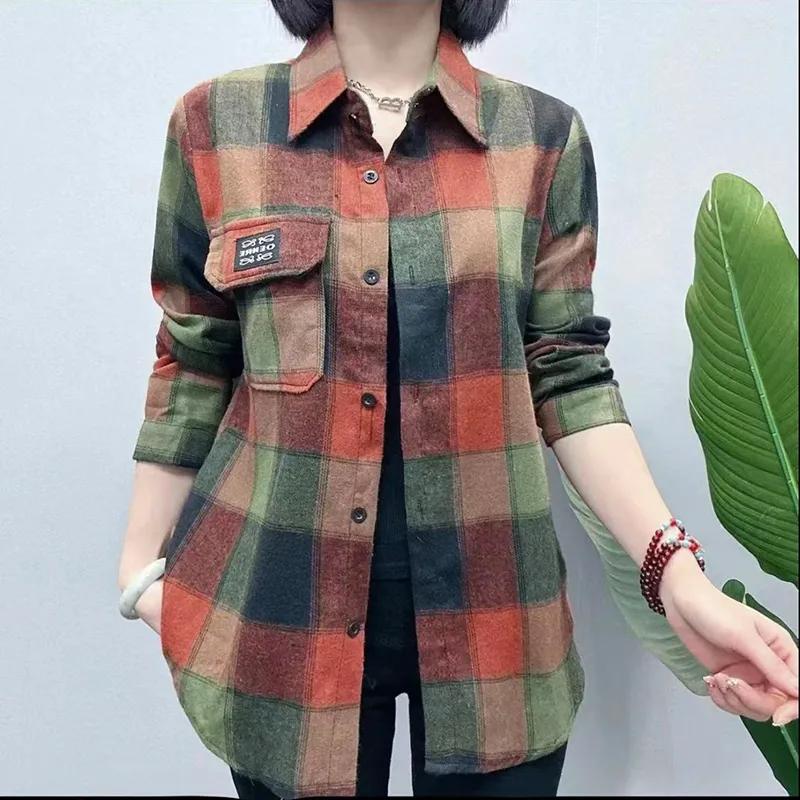 Checkered Long Sleeve Cotton Shirt for Women Fashionable Middle-aged Mother Spring Summer Autumn Trendy Casual Shirts Top