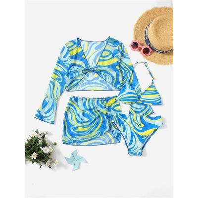 Girls Fashion 4 Pieces  Swimwear Set  Printed Top  Short Sleeves Lace Up Cover-Up Swimsuit Bathing Suit