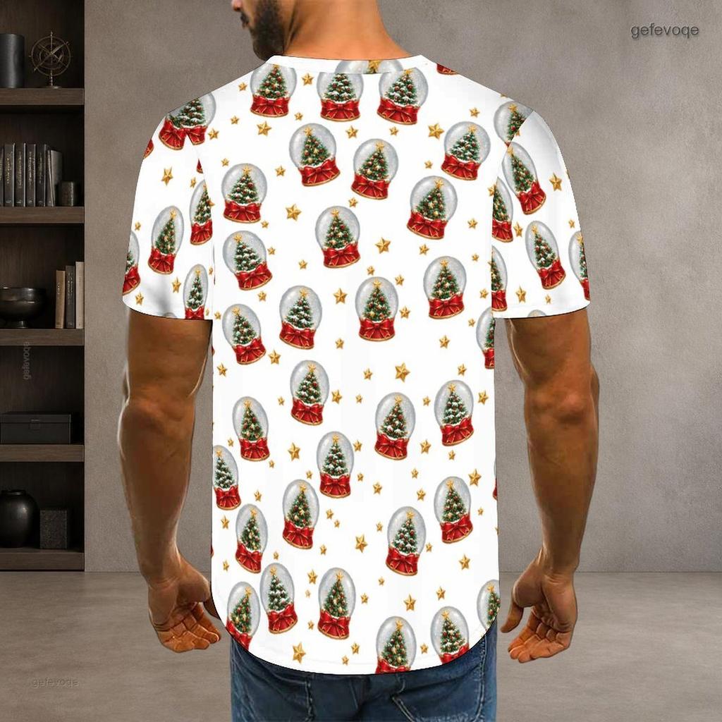 Men Plus Size Round Neck Short Sleeve T Shirt Christmas Teddy Bear Printed White Pullover