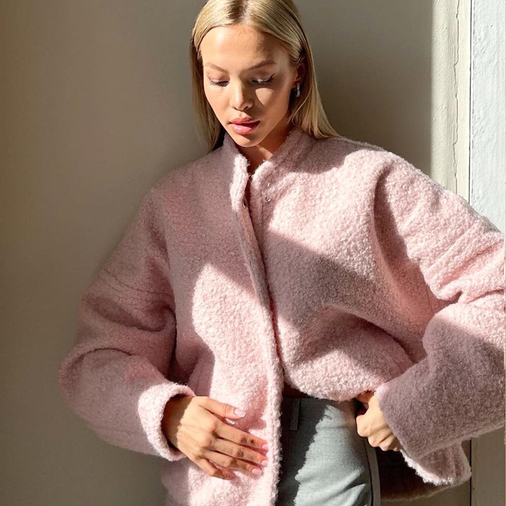 Women's Fall Winter Fleece Jacket Long Sleeve Casual Button Down Fuzzy Sherpa Cropped Coats Outerwear with Pockets Loose Bomber Jacket for Women