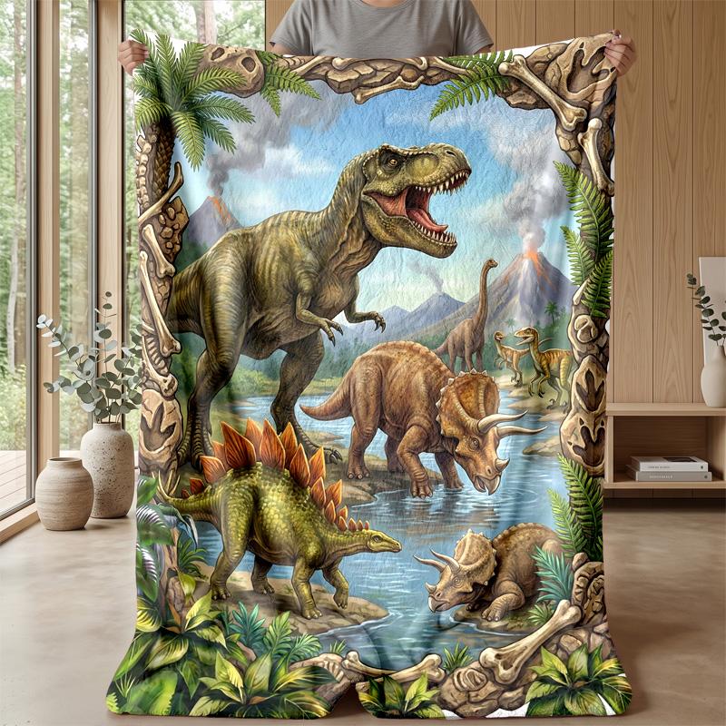 Dinosaur Thunderstorm Artwork Blanket Personalized Name Flannel Blanket Soft Cozy Plush Throw for Sofa Bed Lightweight Home Decor