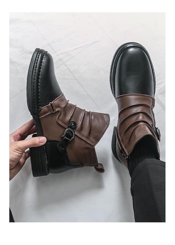 Men's Autumn Color Block Leather Ankle Boots - Plus Size, Thick Sole, British Style, Zipper High Tops, Formal & Casual.