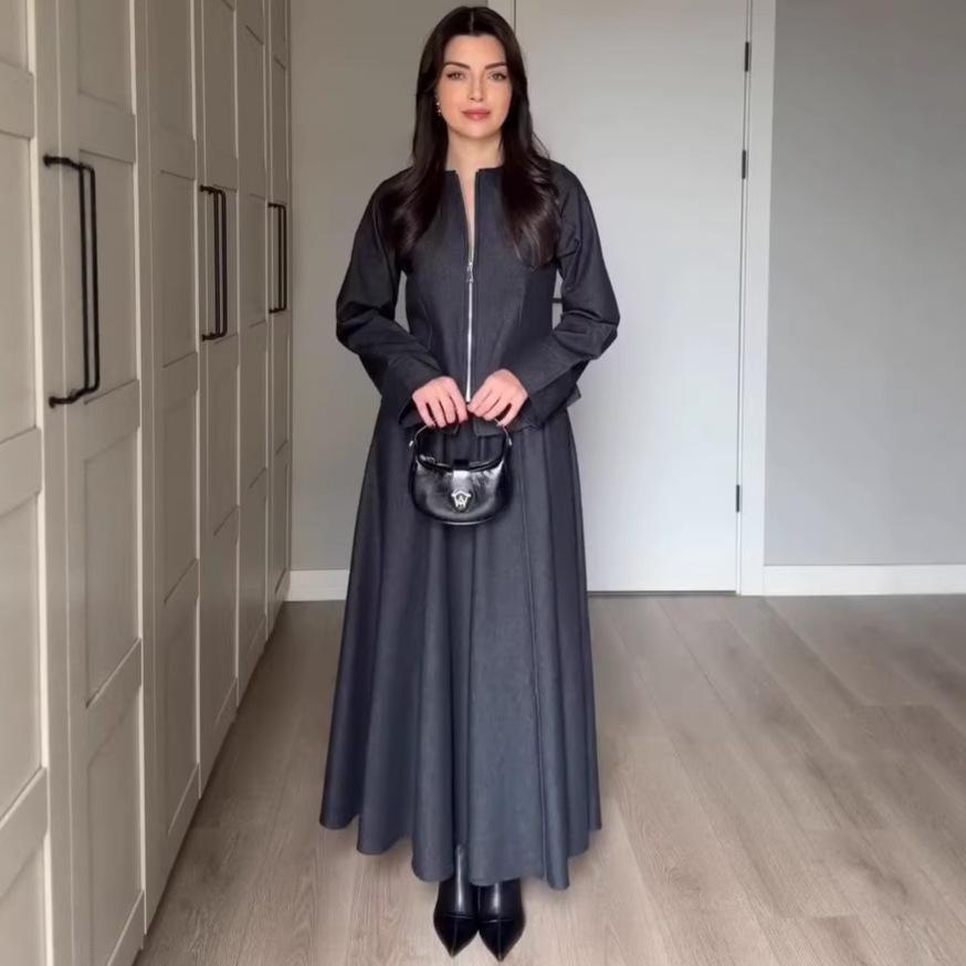 Cross-border European and American women's clothing Amazon crew neck zipper long-sleeved slim top fashionable big swing dress