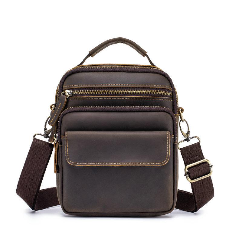 Fashion and casual first-layer cowhide men's bag, vertical style with cover head, one shoulder diagonal span bag, genuine leather messenger men's bag.