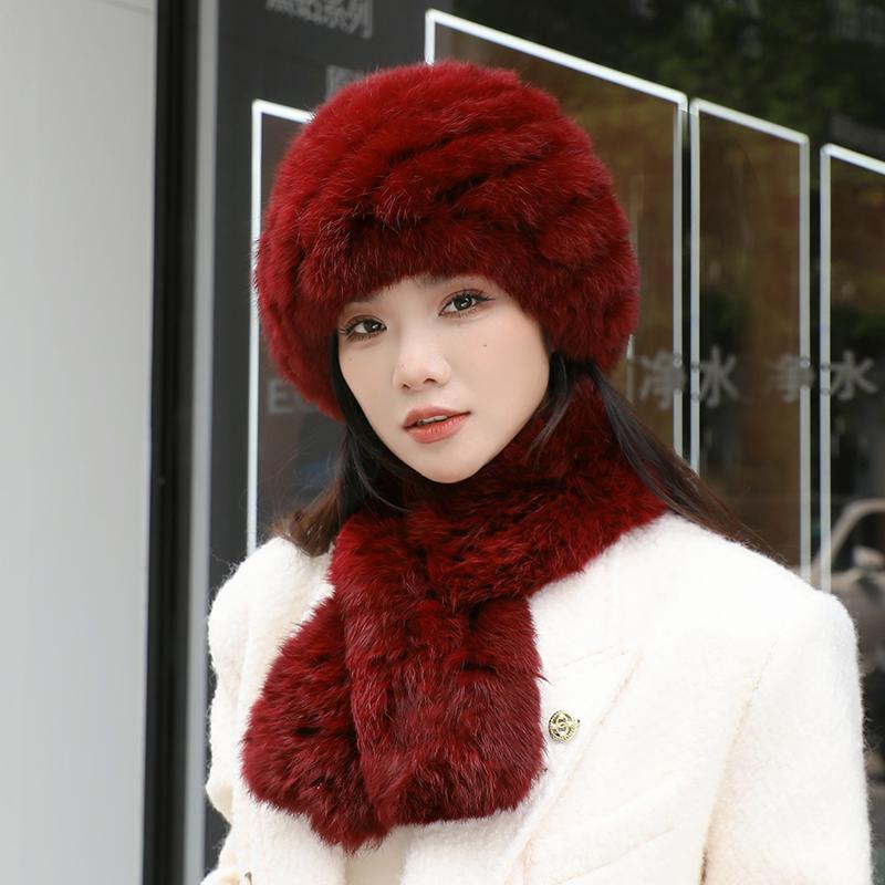 2024 New Winter Hat Women's Rabbit Hair Warm Ear Protection Pineapple Hat Dome Fashion Versatile Mom Hat Set