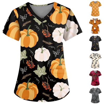 Damenmode, lässig, kurzärmelig, V-Ausschnitt, Halloween, bedrucktes Taschenoberteil