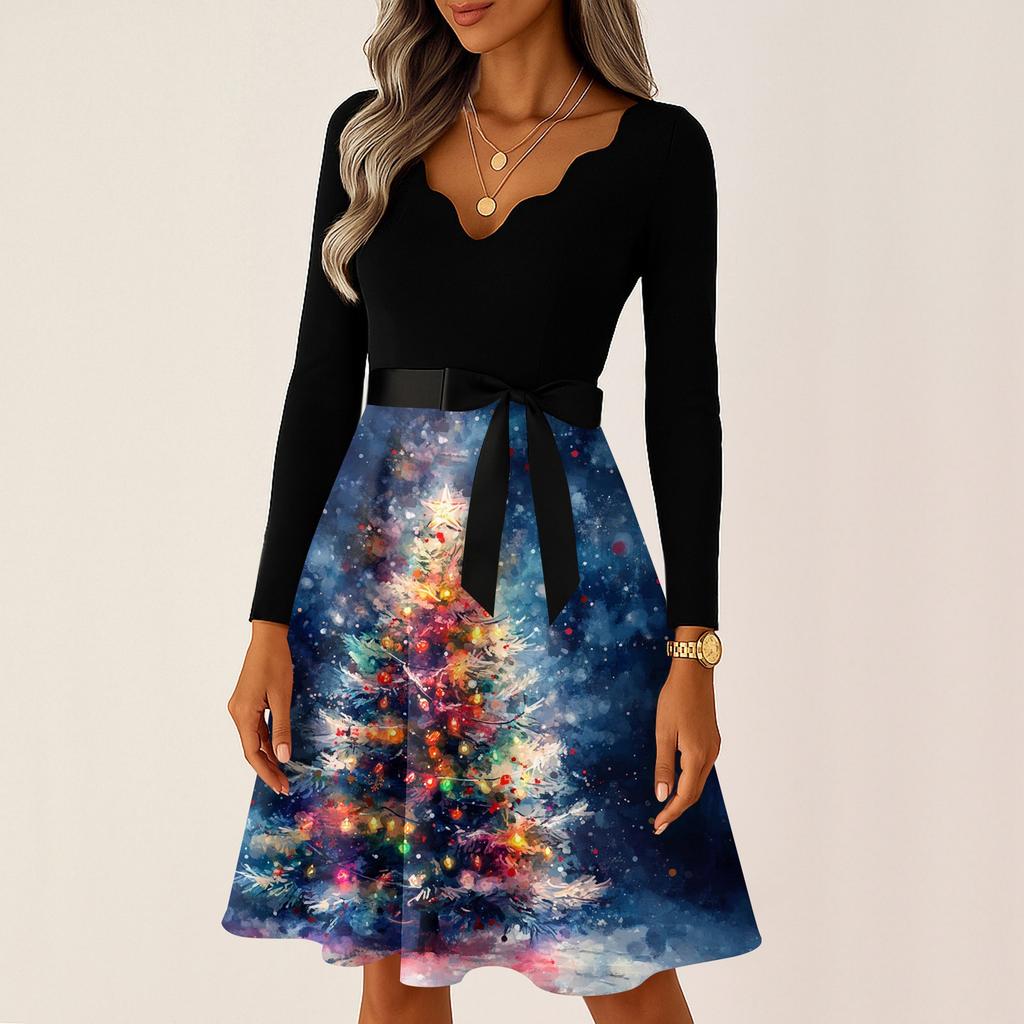 Damen Casual Mode V-Ausschnitt Langarm Weihnachten Bedruckt Party Vintage Lange Kleider