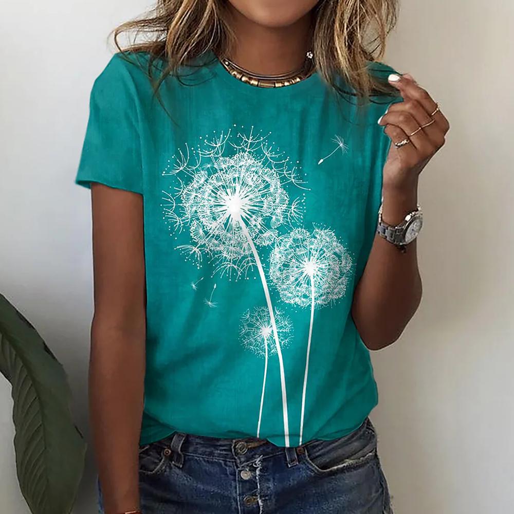 Tricou cu Imprimeu 3D Păpădie Harajuku Model Floral Casual Mânecă Scurtă Tricouri Femei Top Tricou Gât Rotund Oversized Îmbrăcăminte Femei