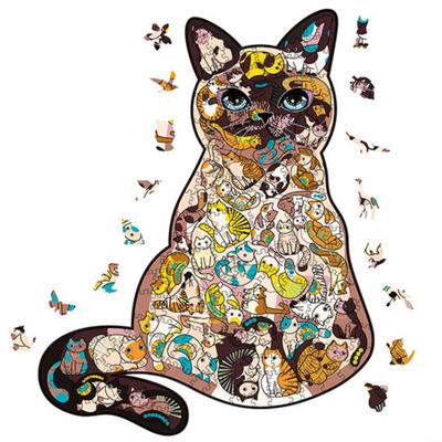 FUKUYOIZU Dřevěné puzzle, Puzzle se zvířaty, Kočka, Puzzle pro trénink mozku, Mozaikové puzzle, Dárek, Interiérová dekorace (Střední)