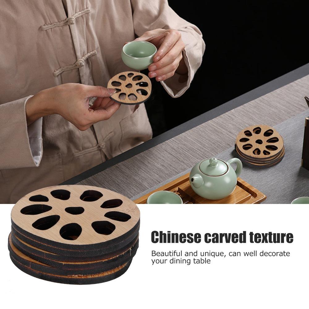 6pcs set Non-Slip Design Bamboo Coaster Set Chinese Carved Texture Teacup Mat Coaster Dining Room 2#