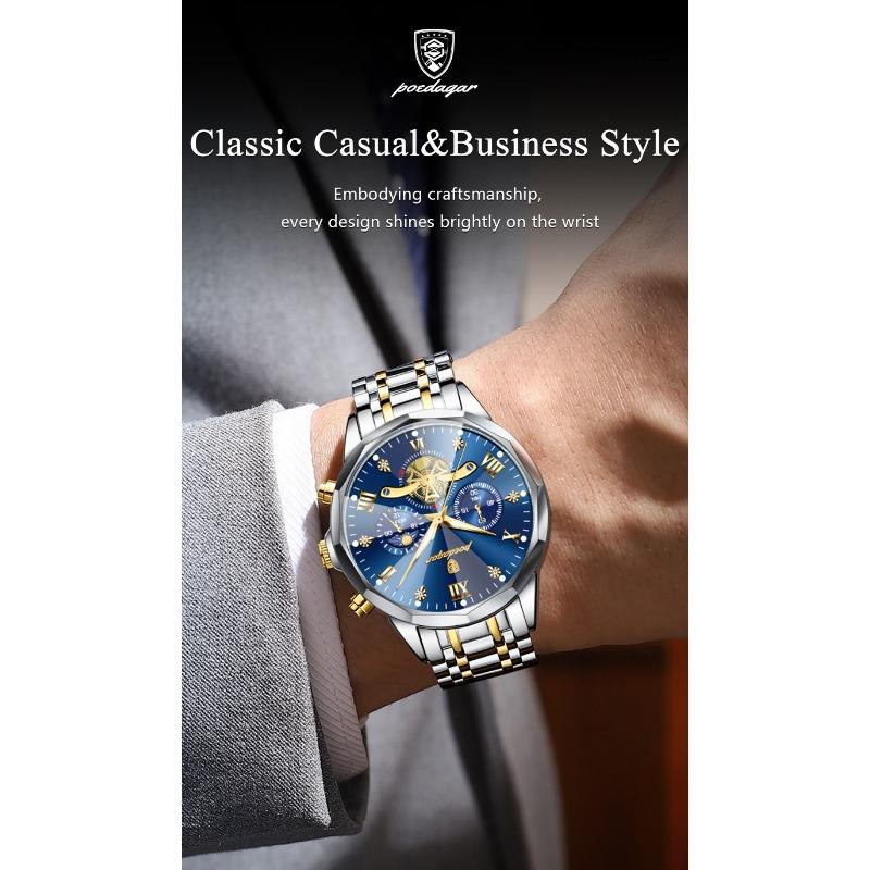 POEDAGAR Original Luxus Herrenuhr Wasserdicht Leuchtend Chronograph Armbanduhr Edelstahl Quarzuhren für Mann Reloj
