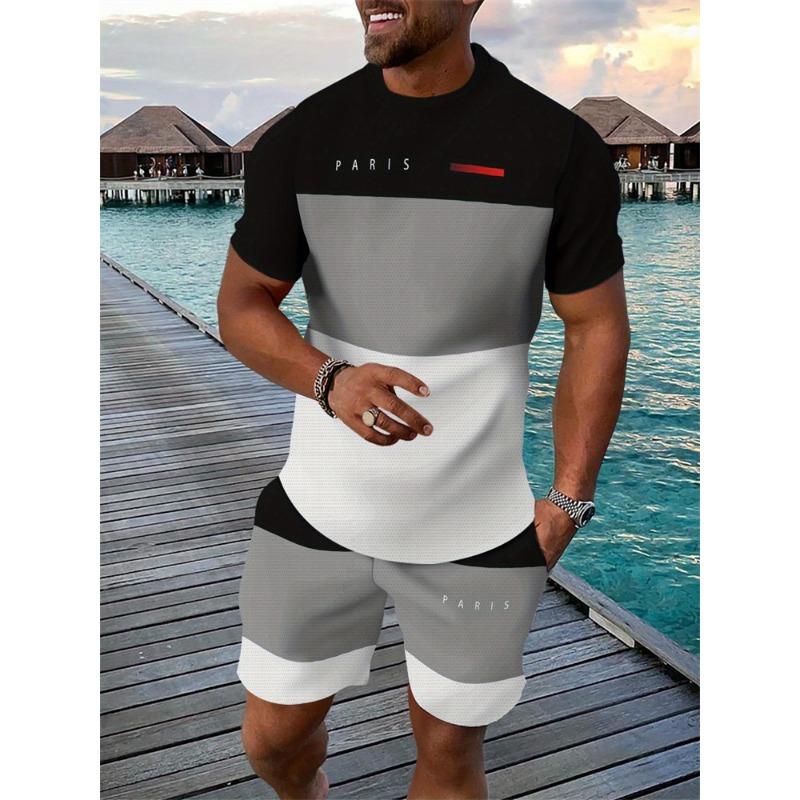 Men's Breathable Athletic Set Summer 3D Letter Print T-Shirt And Shorts Set Adult Lightweight Fitness Wear Casual Sportswear Set