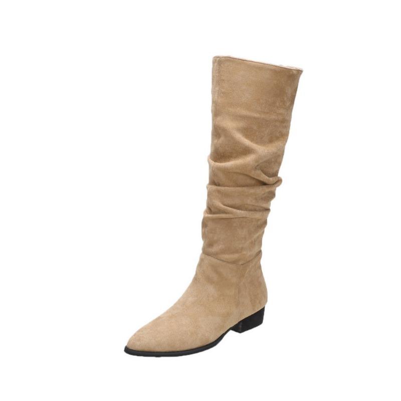 Fashion long boots women's thick legs big tube circumference flat bottom stacking boots suede pointed thin high boots