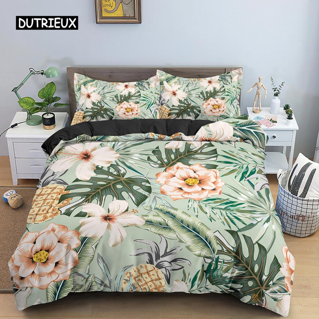 Tropical Palm Leaf Duvet Cover Colorful Leaves Comforter Cover Set Rain Forest Jungle Plant Bed Covers For Women Men Kids Teens