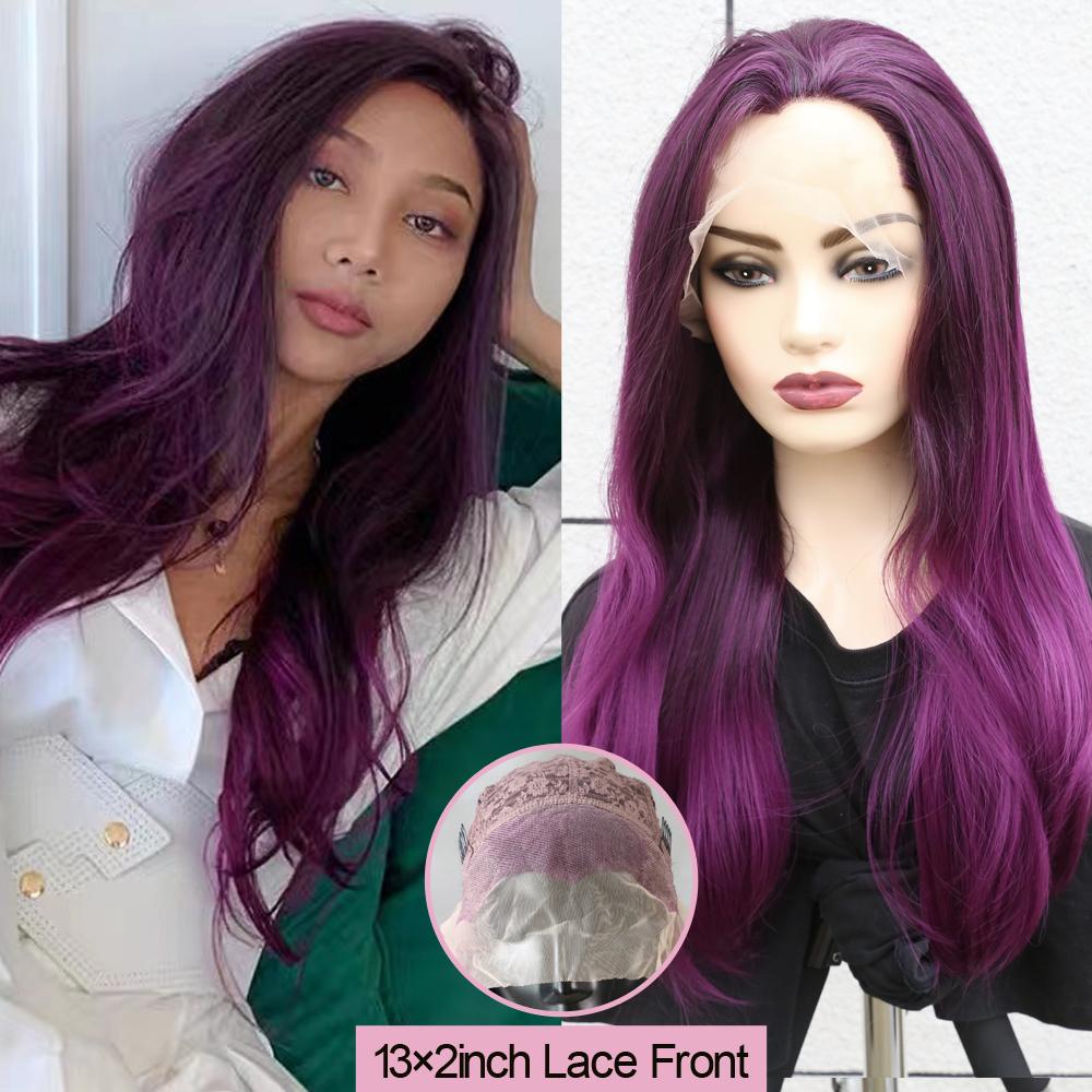Perucă braziliană din dantelă mov sintetică Sivir Peruci lungi și drepte pentru femei, parțiunea de mijloc, petrecere/zircuită/fibră rezistentă la căldură cosplay