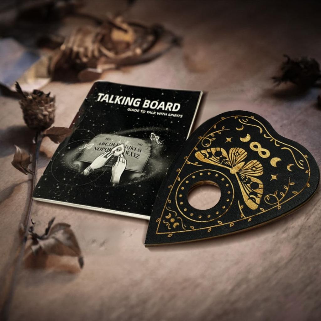 Wooden Spirit Board Kit Tarot Card Stand Holder Moth Divination Board Set with Planchette Black Altar Card Display Stand Rectangle Talking Board
