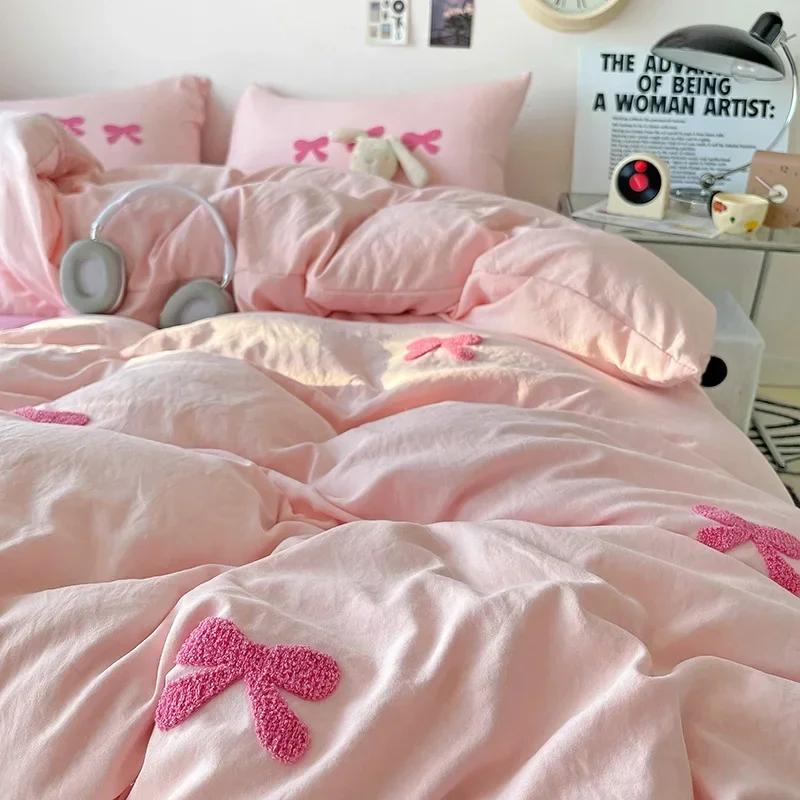 Růžový 3D vyšívaný set přikrývky s mašlí, Bavlněné růžové pohodlné měkké ložní prádlo, Vhodné pro ložní prádlo do pokoje pro dívky, děti a teenagery