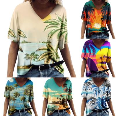 Damenmode, lässig, bedruckt, kurzärmelig, V-Ausschnitt, Top-Bluse