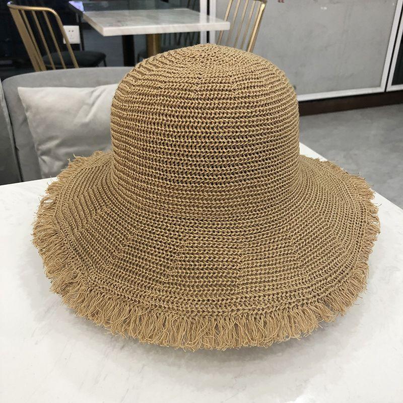 

Летняя шляпа рыбака, женская вязаная кисточка, солнцезащитная дорожная универсальная пляжная черная шляпа-тазик, летняя шляпа (56-58cm)