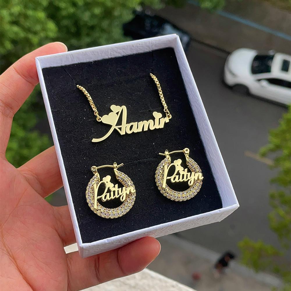 QIUHAN OEM Ice Out Blink 22mm Hoop Earrings Necklace Custom Name Jewelry Set
