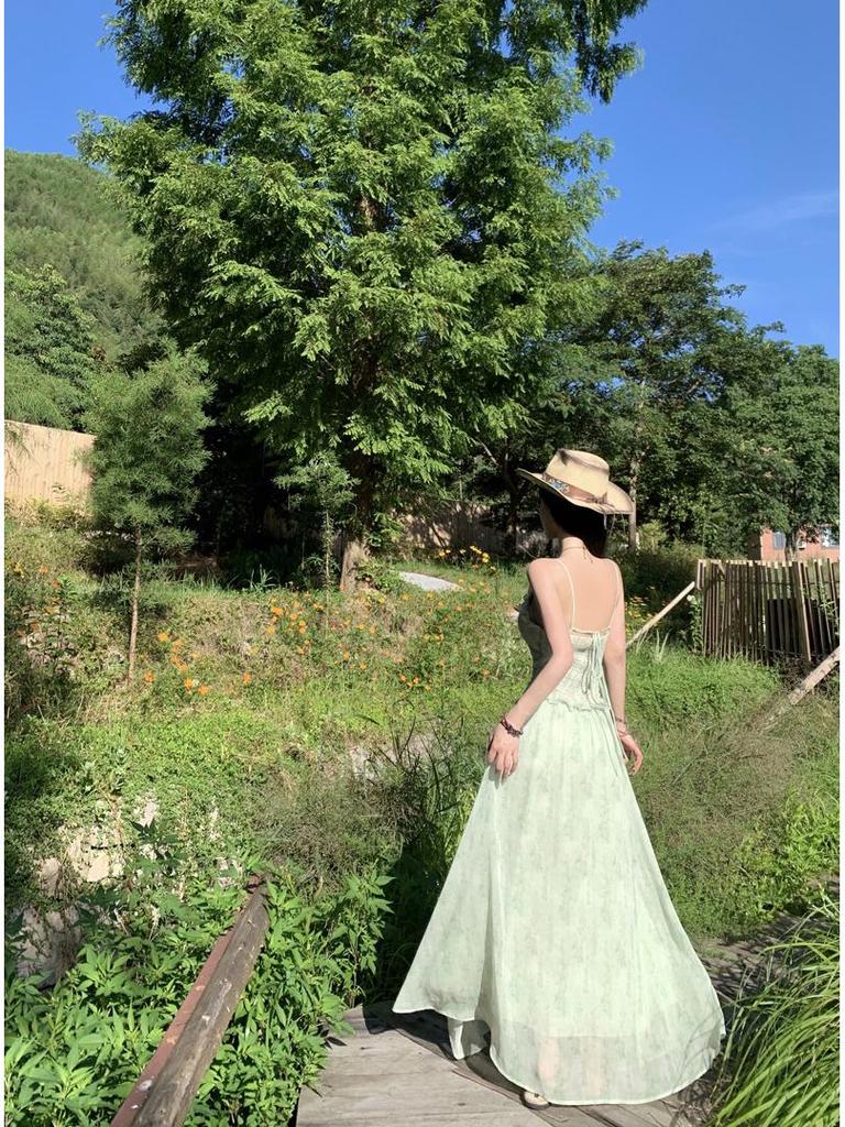 Women's Mint Green Floral French-Style Suspender Dress with Ruffle Waist