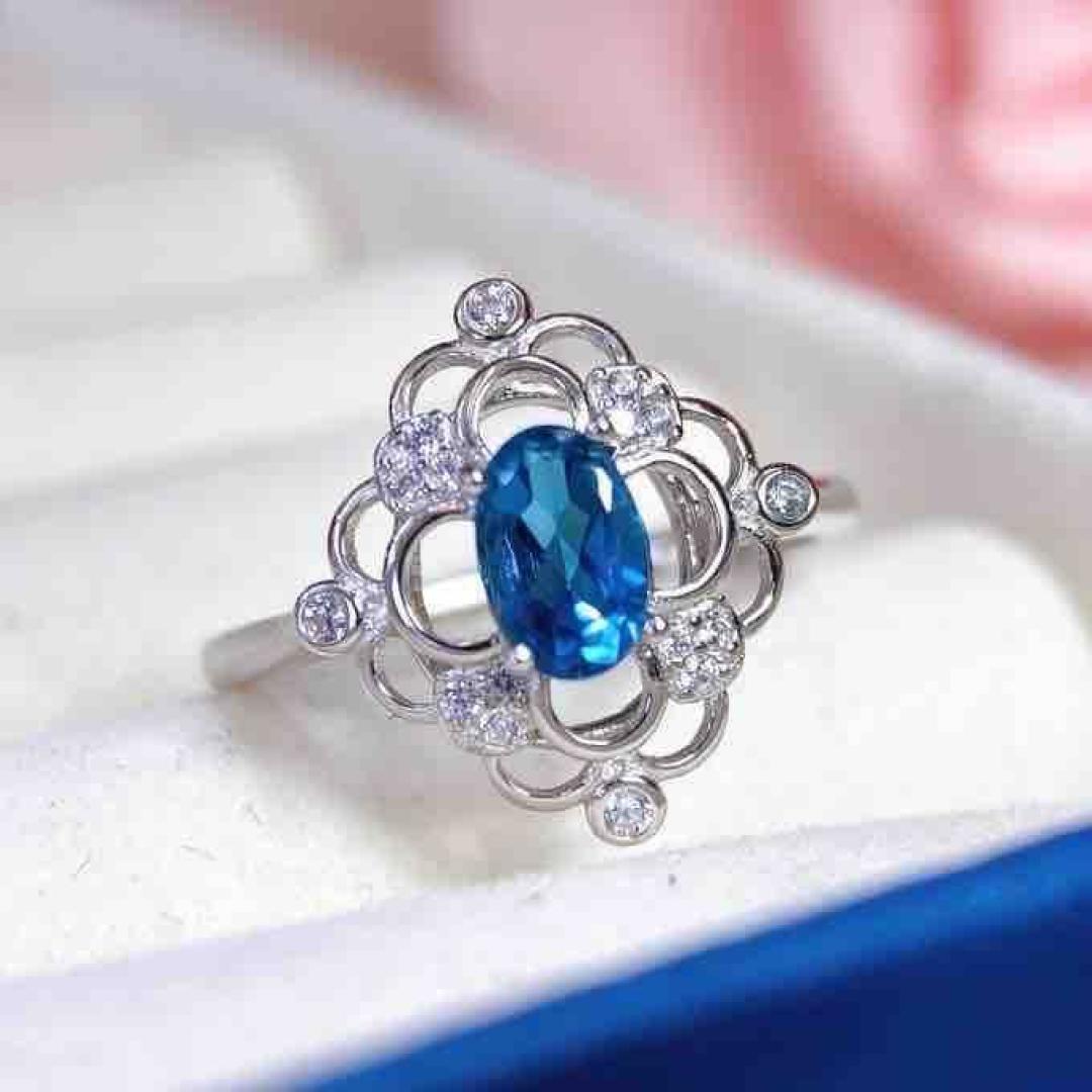 Серебряное кольцо S925 с натуральным голубым топазом и бриллиантами - Простое женское украшение Adjustable Open Size