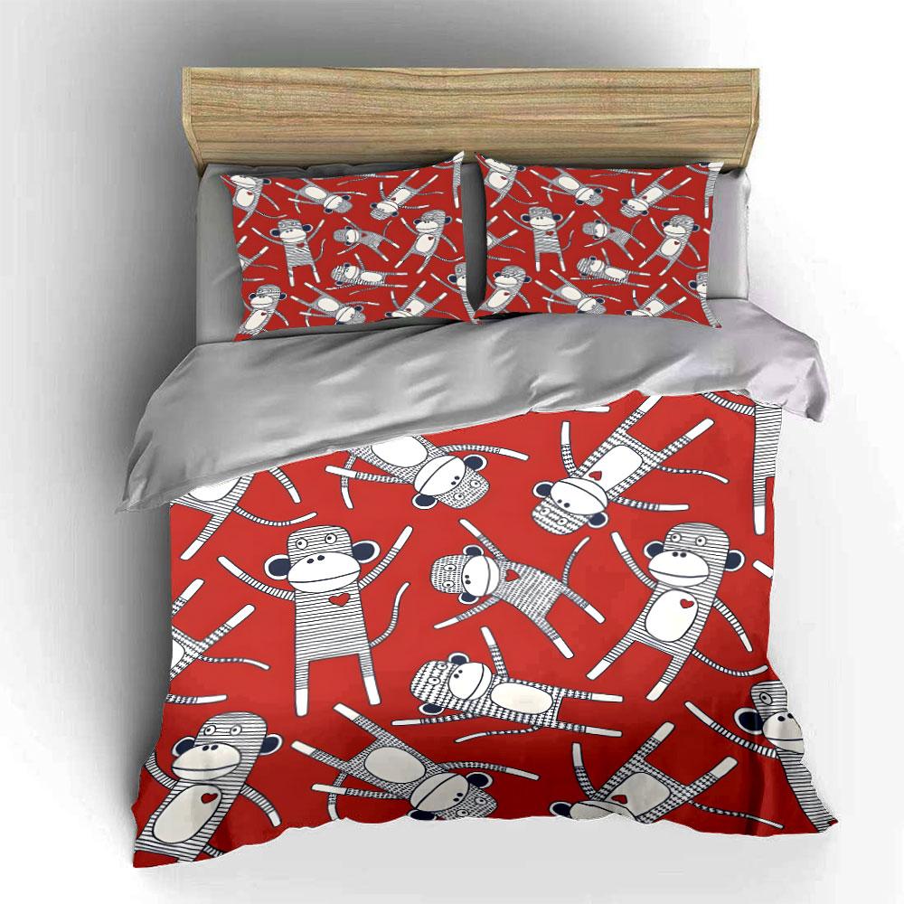 Cartoon monkeys on red background Print Bedding Set 1 Duvet Cover 2 Pillowcases for Adult and Children Luxury Gift Full Size