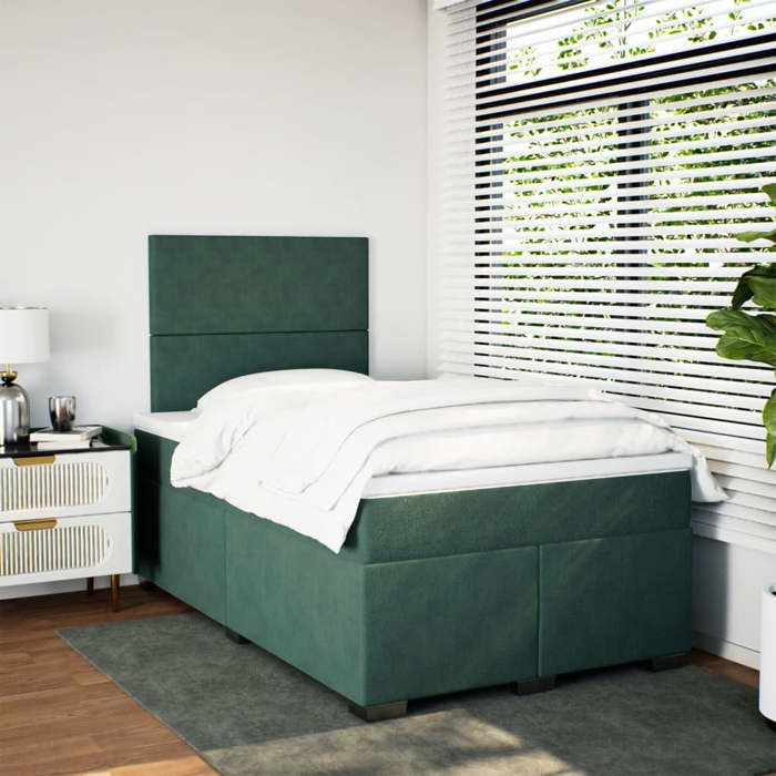 Cadre de lit avec matelas - 120x190 cm - Tête de lit réglable - Velours vert foncé - 2 places