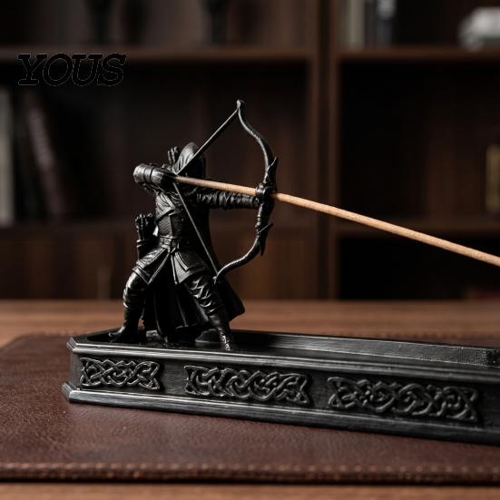 Unique Gift for Gamers Incense Holder with Catch Tray, Archer Warrior Figurine Burner, 3D Printed Matte Black Resin Decor Decorative Stick Stand Desk,
